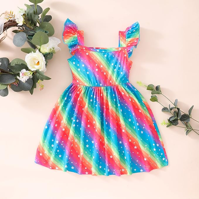 Popshion Girls Dresses Flutter Sleeve Swing Sundress Toddler Summer Clothes Kid Birthday Party Sleeveless Dress 1-8 Years Old