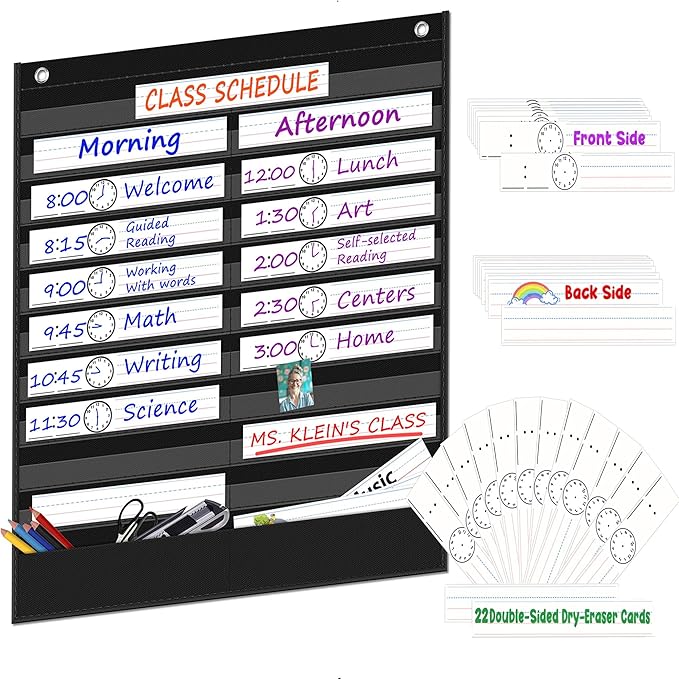AKAYOK Daily Schedule Pocket Chart - Clear 19 Pocket Chart for Classroom with 22 Reusable Dry-Erase Cards | Perfect for Flash Cards/Sentence Strips/Cleaning Schedule and Checklist/Calendar Cards