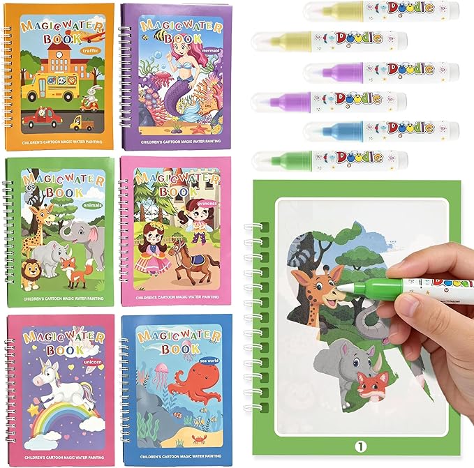SAMZX Reusable Water Coloring Books for Toddlers 1-3, 6 Pack Magic Water Painting Book with Stickers, No Mess Travel Activity Toys & Educational Learning Kits Gifts for Kids Boys Girls Ages 3+