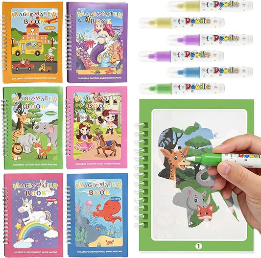 SAMZX Reusable Water Coloring Books for Toddlers 1-3, 6 Pack Magic Water Painting Book with Stickers, No Mess Travel Activity Toys & Educational Learning Kits Gifts for Kids Boys Girls Ages 3+