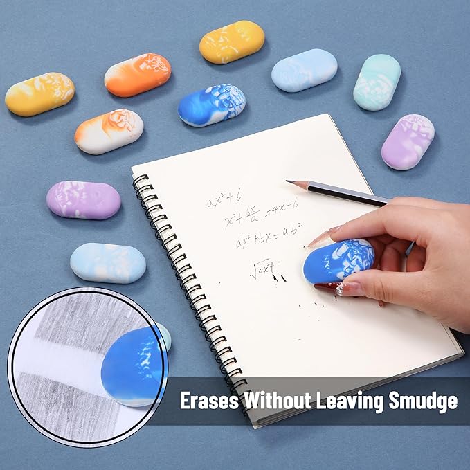 Mr. Pen- Marble Pencil Erasers, 12 Pack, 1" x 2", Soft Rubber Marble Pencil Erasers for School, Office, Art Sketching, Homework, Exams, Clean Smudge-Free Correction