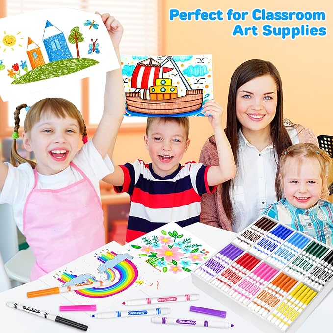 Officygnet 160 Count Washable Markers Bulk, 10 Assorted Colors, Conical Tip with Fine & Broad Line Coloring Marker for Kids, Markers Bulk for Classroom, School Art Supplies, Back to School Essentials