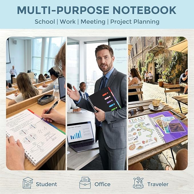 Subject Notebook Wide Ruled, 8.5x11inch Hardcover 5 Subject Lined Spiral Notebook with Dividers Tabs for School Note Taking Office Journal, 220 Pages, Black