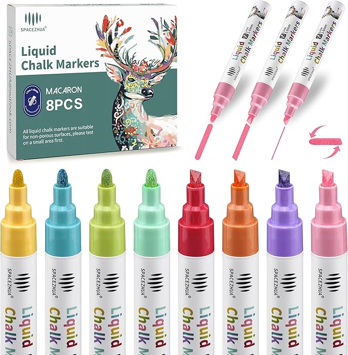 Liquid Chalk Markers with 6mm Reversible Tips 8 Colors Dry & Wet Erase Pens, Pastel Chalk Markers for Blackboard Whiteboard Chalkboard Mirror Glass Window Cars