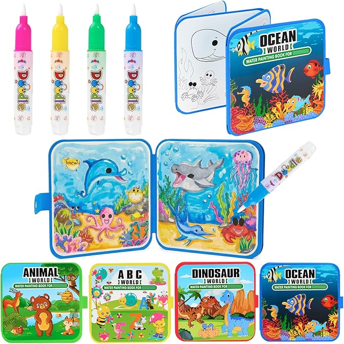 Bafeil 4 Pack Reusable Water Coloring Book Set with Water Pens and Canvas Bag, No Mess Water Painting Books, Animal Ocean Dinosaur Themes, Travel Coloring Activity