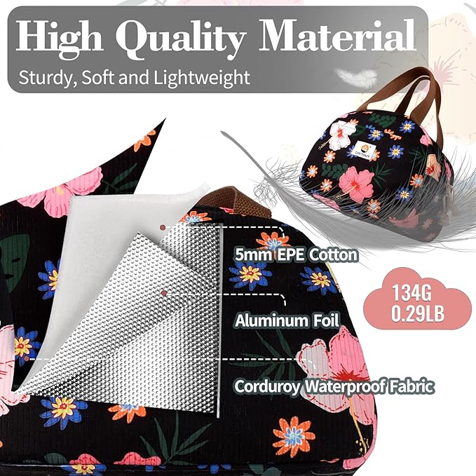 CaCTOUR Large Lunch Box for Women, Cute Lunch Box Cooler Bag, Portable Insulated LunchBox Reusable Corduroy Lunch Tote for Work/Travel/Picnic (Flower)