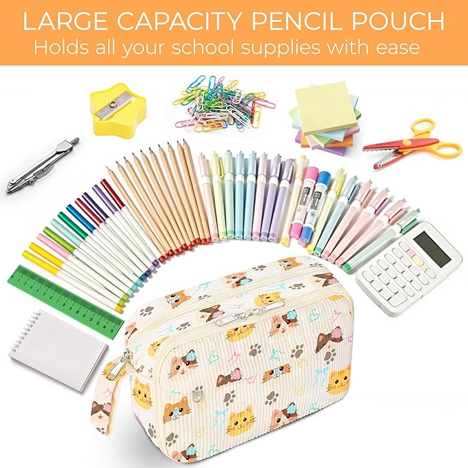 WOBAGMEN Cute Pencil Case,Large Corduroy Zippered Pencil Case Pouch, aesthetic Pencil Bag with Compartments, Pencil Pouch School Supplies (HY-corduroy pc-cat)