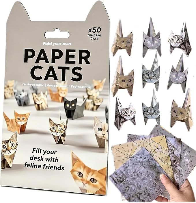 3D DIY Origami Cat Kit for Adults & Teens – 50 Cute Paper Cats to Fold, Relaxing Paper Craft Kit for Cat Lovers, No Glue or Scissors Needed