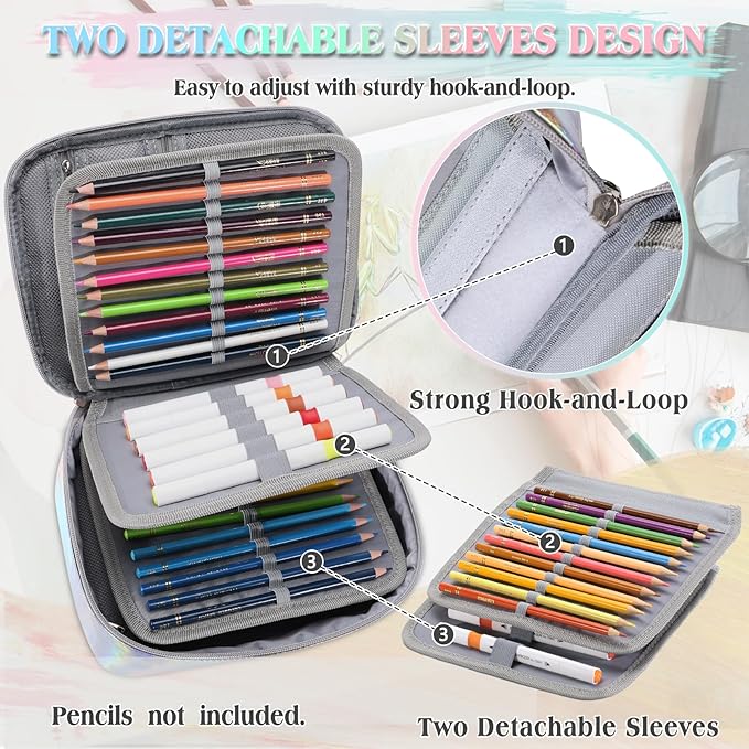 Large Pen Pencil Case,VONXURY High Capacity Art Colored Pencil Pouch Portable Stationery Organizer With 2 Detachable Layers 54 Slots Multiple Zipper Pockets for School Office College