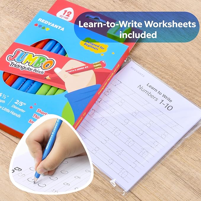 Jumbo HB Pre-sharpened Pencils #2 for Toddlers Preschoolers First Writing, Thick Triangular Grip Fat Pencils with Latex-Free Erasers, Break-Resistant, Back to School Supplies, 12 Count