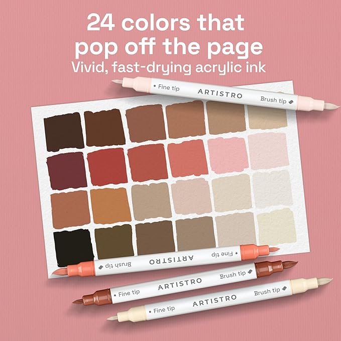 ARTISTRO 24 Skin Colors Acrylic Paint Markers - Paint Pens for Drawing, Brush + Fine Tips For Fabric, Rock, Glass, Wood, DIY - Art & Craft Supplies for Adults, Teens, Kids - Teacher Appreciation Gift