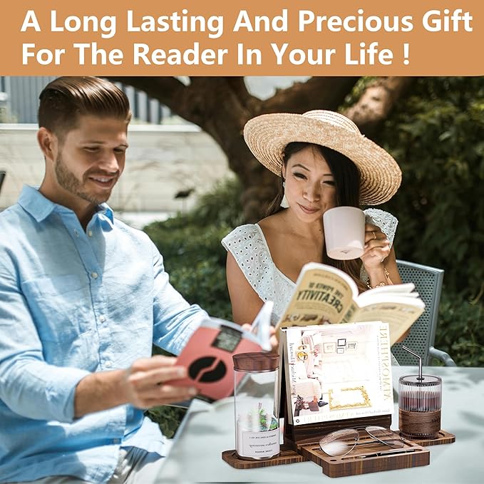 Triangle Book Holder Stand, Wooden Book Nook Reading Valet, Book Rest with Cup, Glasses & Pen Holder, YITOBA Book Display Stand for Reading in Bed, Coffee and Book Lovers (Brown)
