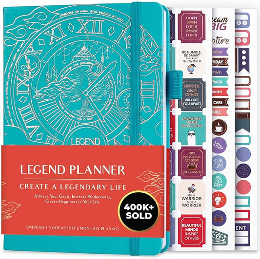 Legend Planner – Undated Weekly & Monthly Life Planner to Hit Your Goals & Live Happier, Organizer Notebook & Productivity Journal, A5 (Turquoise, Gold)