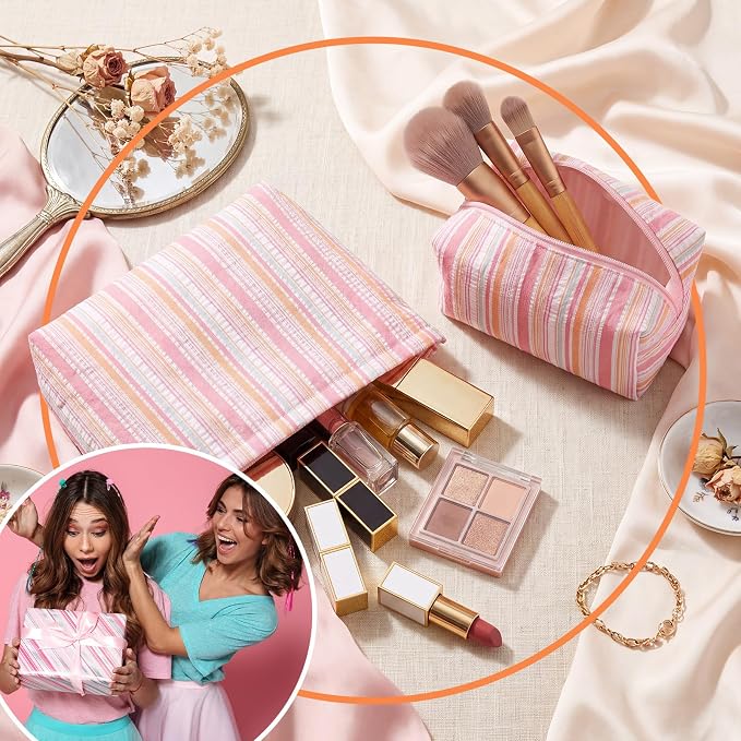 Huhumy 2 Pcs Striped Makeup Bag, Travel Toiletry Bag for Women, Aesthetic Cute Colorful Cosmetic Pouch, Seersucker Storage Organizer for Accessories, Essentials, Toiletries(Pink Orange Green)