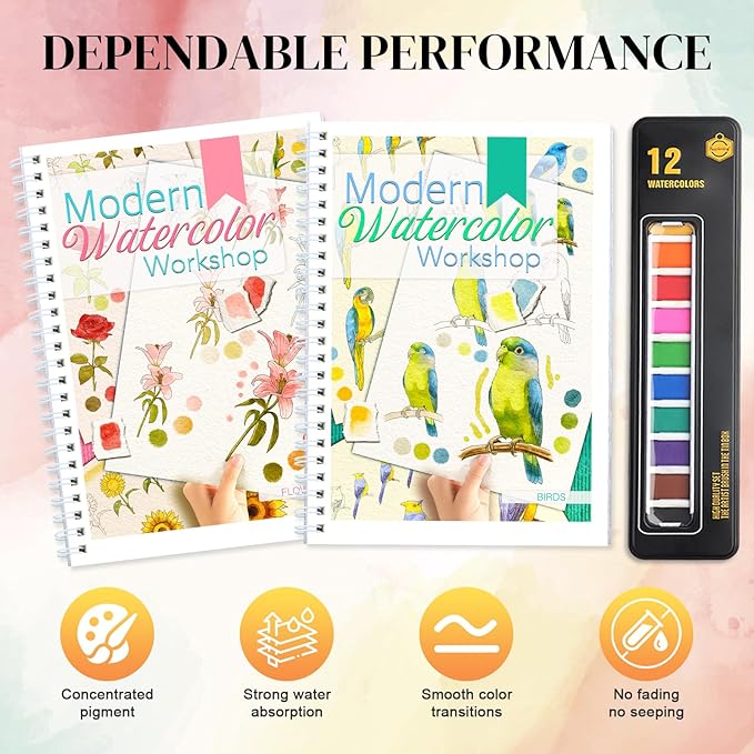2-Pack Beginner Watercolor Workbooks: 24 Coloring Pages + 12 Watercolor Paints + Brush – 300gsm/140lb Paper – Gift for Women, Adults & Beginners (Birds & Flower)