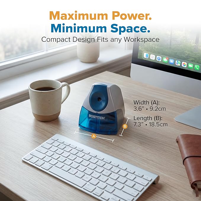 Bostitch Office Electric Pencil Sharpener for Classroom & Desk Use, Heavy-Duty Stall-Free Motor, High-Capacity Shavings Tray, Blue