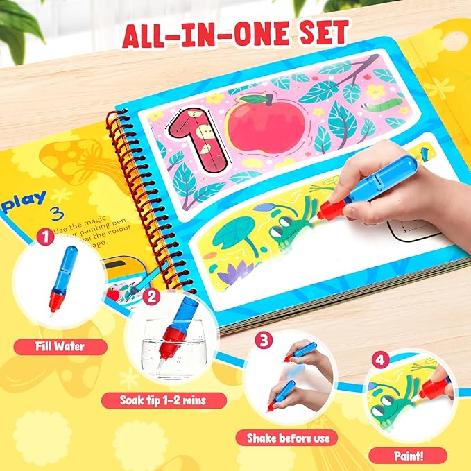 JoyCat Reusable Water Coloring Book for Toddlers 3-5, 14 Pages Number Tracing Magic Water Drawing Book, Mess-Free Preschool Learning Toys, Educational Gift for Boys Girls