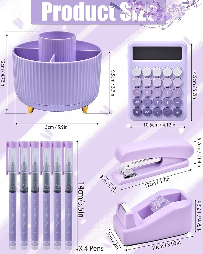 LXEVIHK Purple Desk Accessories, 20Pce Office Supplies and 360°Pen Holder Desk Organizers, With Tape Dispenser, Stapler, Staple Remover, Ect, Fill Your Desktop With Lovely Colors