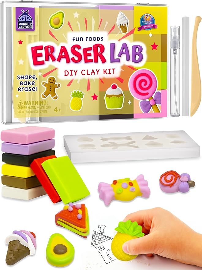 Eraser Lab DIY Clay Kit - Gift Food-Themed Fun Eraser for Kids Craft Set, 8 Clay Colors, Mold Tray & Shaping Tool, Presents for Kids, Creative Activity for Boys & Girls Aged 4+, Birthday Gifts