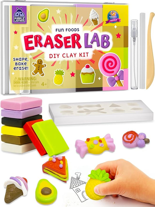 Eraser Lab DIY Clay Kit - Gift Food-Themed Fun Eraser for Kids Craft Set, 8 Clay Colors, Mold Tray & Shaping Tool, Presents for Kids, Creative Activity for Boys & Girls Aged 4+, Birthday Gifts