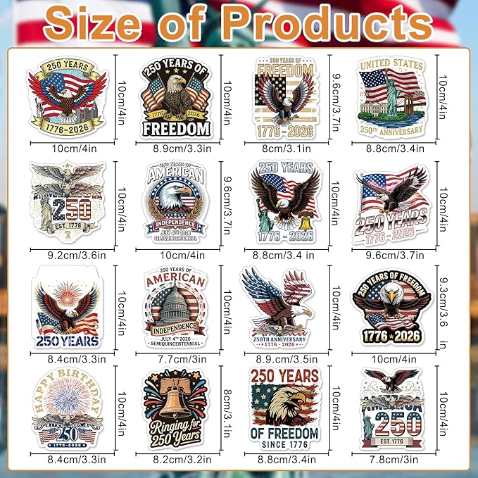 250th Birthday America Fridge Magnets - Wxiben 16 Pcs USA 250 Years Anniversary 1776-2026 Refrigerator Magnet Flag Patriotic Independence Day Magnetic Decoration Stickers for Home Kitchen Locker Decor