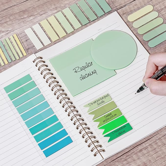1100 Sheets Transparent Sticky Notes, Clear Waterproof 3 x 3 Sticky Notes with Pen, Translucent See-Though Note Tabs for Bible Study Book Annotation Kitchen Reminder (Green)