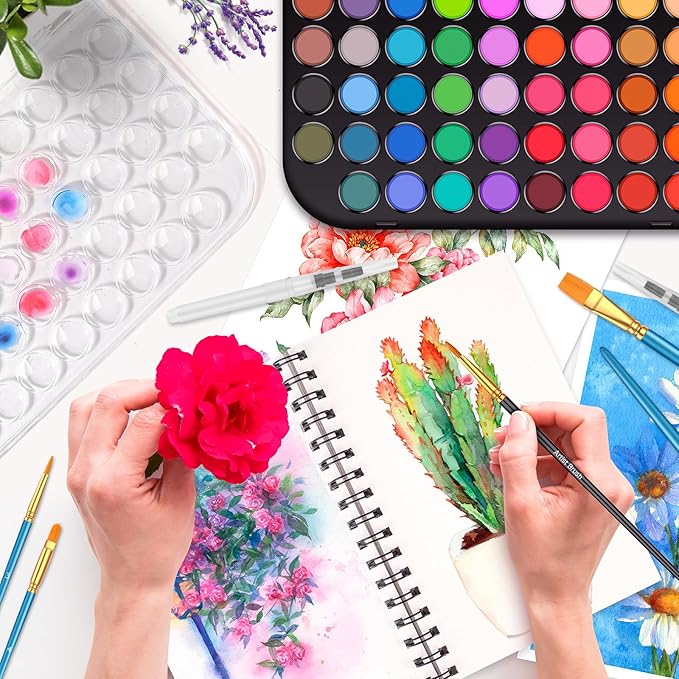 Taotree Watercolor Paint Set, Watercolor Workbook, Water Coloring Book, 48 Colors Watercolors Kit Water Colors with 10 Paint Brushes, Palette, Brush, Drawing Pad, Painting Supplies for Adults Artist