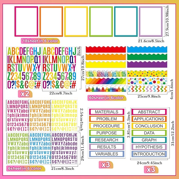 Sinload 92 Pcs Science Fair Board Supplies 60 Trim Scalloped Poster Boards 18 Presentation Subtitles 6 Project Titles 8 Letter Sticker for Classroom Display Boards(Colorful,Wave)