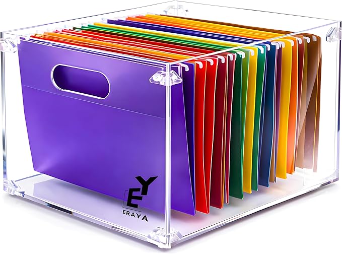 ERAYA Clear Acrylic File Organizer with Handles, Portable Hanging File Box for Letter/A4 Documents 8.5"x11", Sleek Desktop Storage for Office, Home, Study, Magazines, Notebooks, and School Supplies