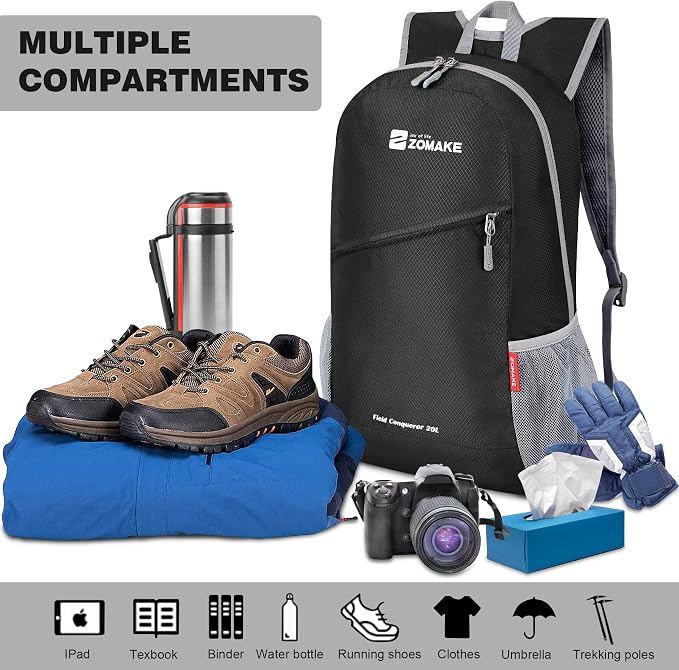 ZOMAKE Lightweight Packable Backpack 20L, Foldable Small Daypack for Hiking | Water Resistant Backpacks Day Bag for Travel Outdoor Camping Sport, Everyday Carry, Multi Compartment Storage(Black)