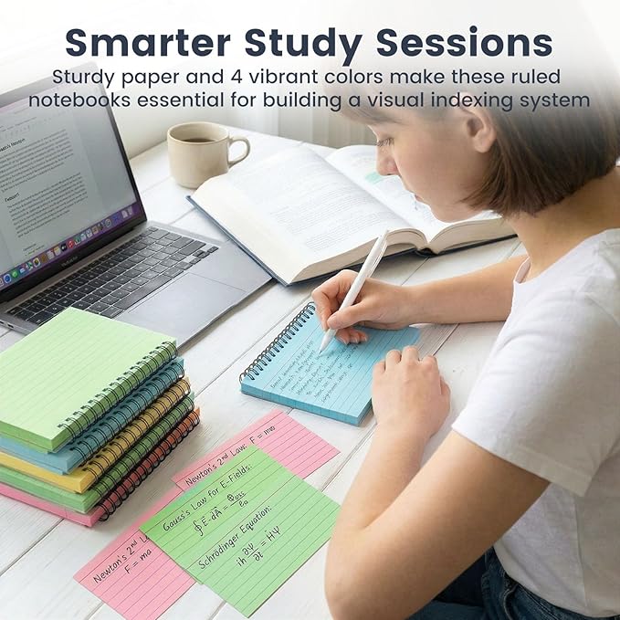 Koogel Spiral Index Cards 3x5 Ruled, Multicolor Spiral Bound FlashCards with Waterproof Cover, Tear-Off Note Cards with Ring for Studying, School & Office, 400 Count (5 Packs of 80)