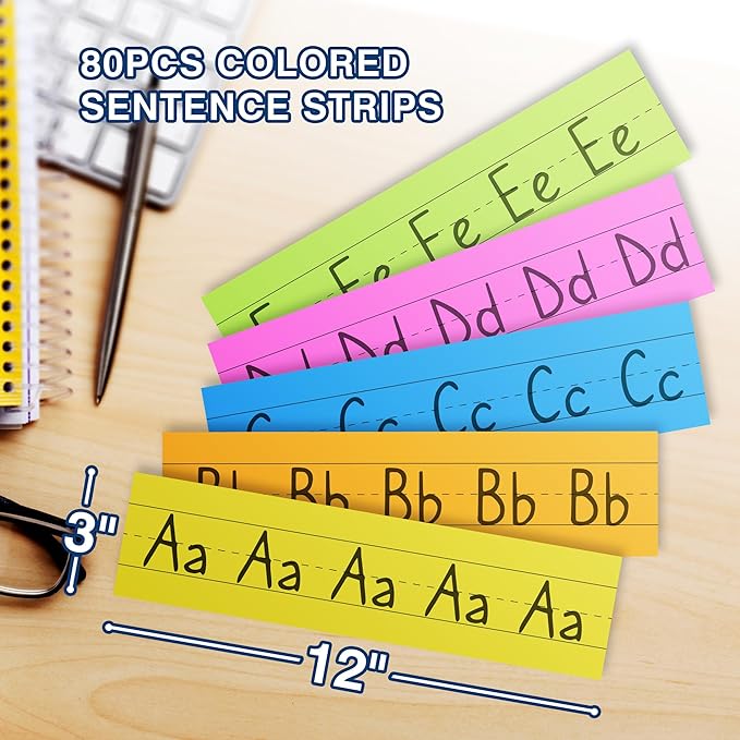 Chell Short Sentence Strips Cardstock 3” x 12”, Colored Ruled Word Learning Strips Nameplates for Teacher Supplies, Pack of 80