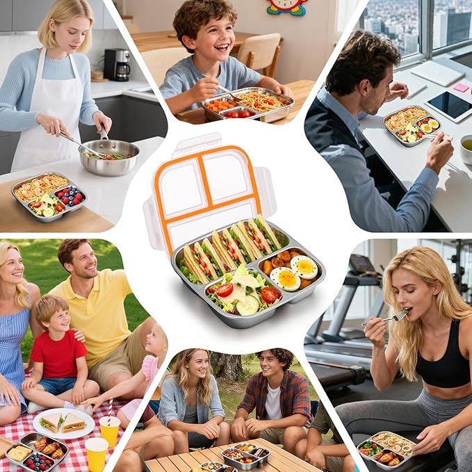 Palksky Lunch Box Containers Stainless Steel, Bento Lunch Box for Adults Men Women, 3-Compartments Metal Food Storage Containers with Leakproof Lids for Travel Picnics Office (2 Packs)