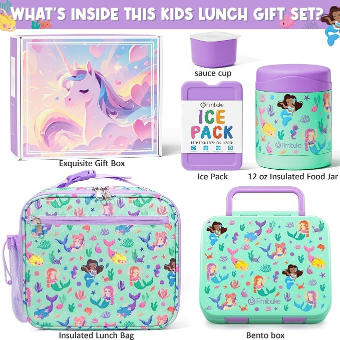 Fimibuke Bento Lunch Box for Kids Toddler Girl with 12OZ Insulated Food Jar | 3-Compartment 32OZ Snack Lunch Container Bento Box, Lunch Bag & Ice Pack Set for Age 3-12 School Daycare Camp, Mermaid