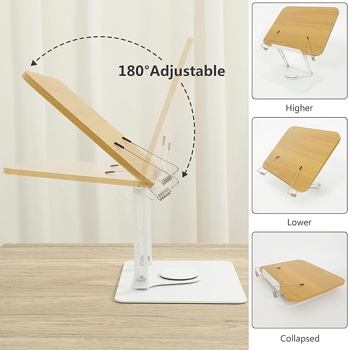 Book Stand for Reading,360°Rotating Base Book Holder for Reading Hands Free,Cookbook Stand,Wooden Panel Aluminium Base Stand for Cookbook,Laptop,Textbook