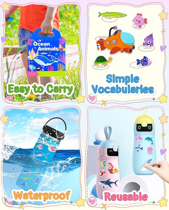 Benresive Reusable Sticker Book for Toddlers, Stickers for Kids, Travel Toys for Arts & Crafts Activities, Birthday Gift for Boys & Girls, Ocean Themes