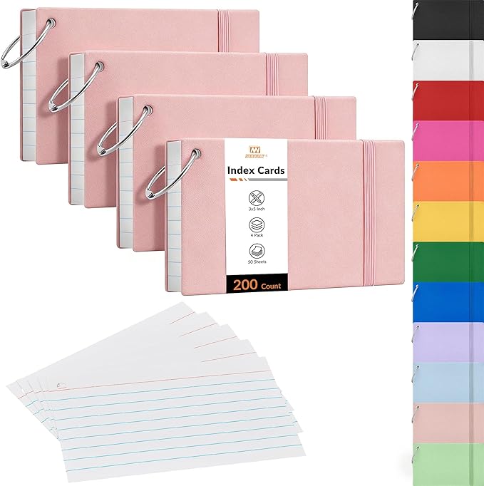 NEEWAY Ruled Index Cards with Ring 3x5 Inches, 200 Count Note Cards Lined, Flash Cards with Rings for Studying, Home and Office (Light Pink)