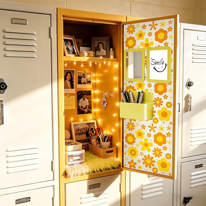 Elfcool 13 Pcs Locker Accessories Kit, Locker Decorations for Girls Boys Magnetic Pen Holder, Mirror, Whiteboard, Wallpaper, Magnets, Plush Rug, String Light, Back to School Essentials (Yellow)