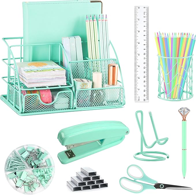 KAAKOW Green Desk Organizers and Accessories Office Supplies Set Stapler, Pen Holder, Phone Holder, Scissors, Pen, Ruler, 30 Paper Clips, 22 Binder Clip, 20 Tacks and 1000pcs Staples