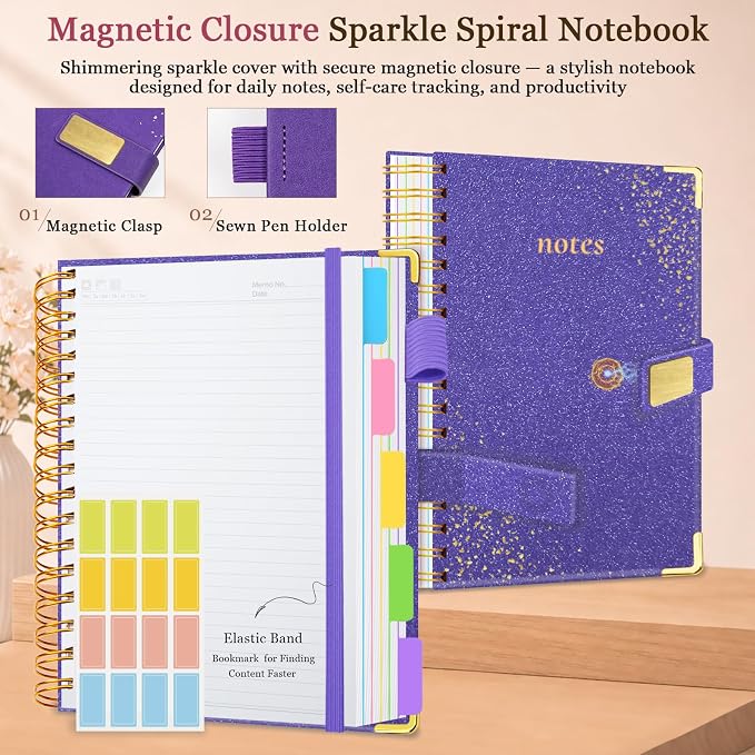 Spiral Notebook Journal 8''x 10'' 5 Subject Notebook with Dividers, 300 Pages Notebook College Ruled with Magnetic Closure, B5 Tabbed Notebooks for Work School, Sparkle Journal for Women (Purple)