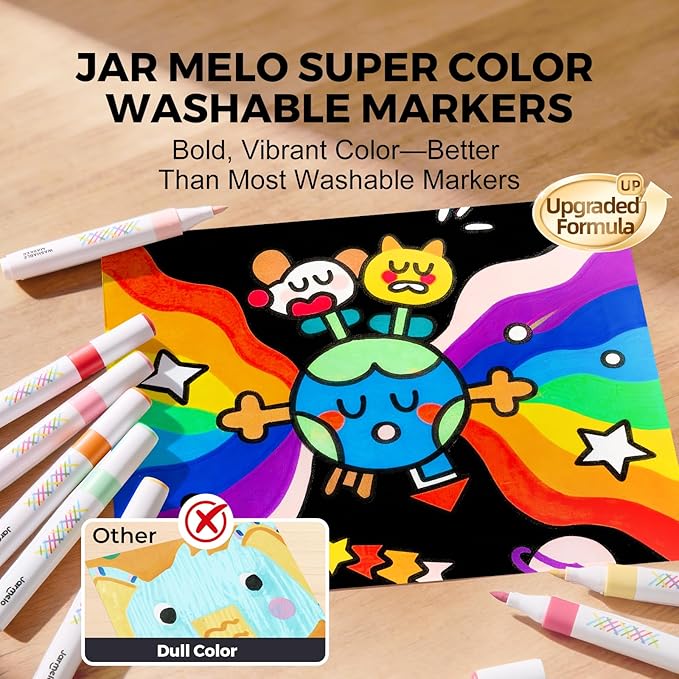 Jar Melo Super Washable Markers for Kids Age 4-8, Water Based Blendable Markers for Toddler Safe and Non-Toxic, Coloring Art Supplies for Preschool Gift, 24 Colors