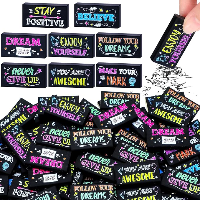 Dunzoom 100 Pcs End of Year Inspirational Pencil Erasers Bulk for Kids Back to School Fun Motivational Eraser School Office Supplies for Students Classroom Office Teacher Artists(Colorful Chalkboard)