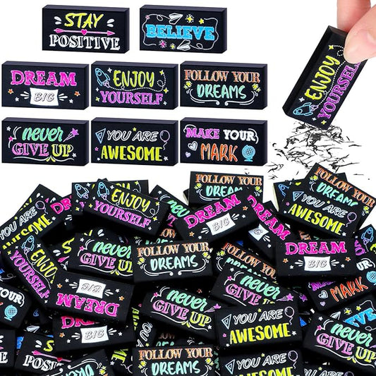 Dunzoom 100 Pcs End of Year Inspirational Pencil Erasers Bulk for Kids Back to School Fun Motivational Eraser School Office Supplies for Students Classroom Office Teacher Artists(Colorful Chalkboard)