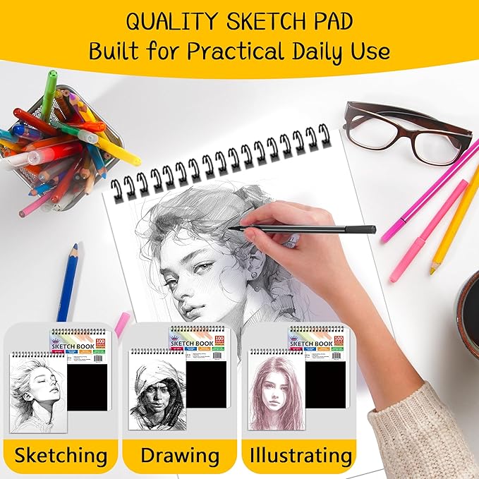WINNER 5.5" x 8.5" Sketch Book, 400 Sheets Top Spiral Bound Sketch Pad, 68lb/100gsm White Acid Free Drawing Paper, Art Supplies for Kids Adult Beginners Artists, 4 Pack