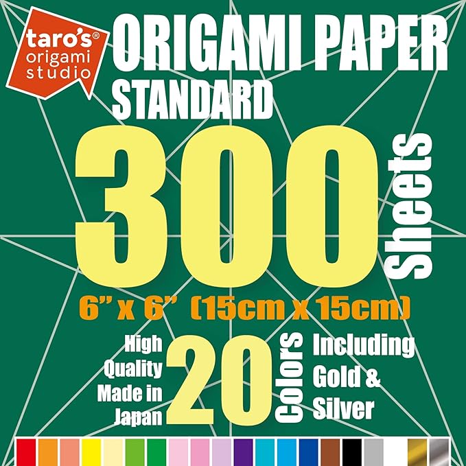 [Taro's Origami Studio] Standard 6 Inch One Sided 20 Colors 300 Sheets Square Easy Fold Premium Japanese Paper for Beginner (Gold and Silver Included) Made in Japan