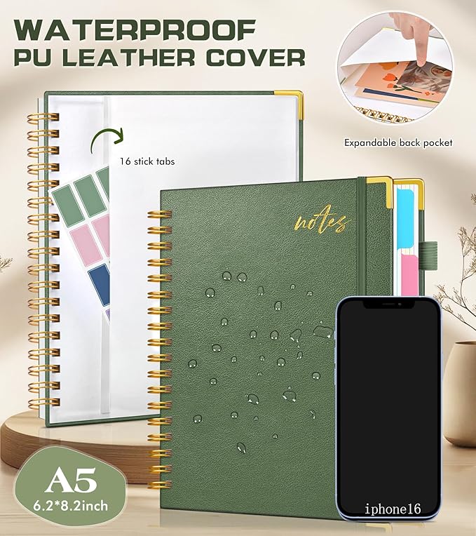 5 Subject Spiral Notebook Journal with Removable Dividers Tabs, 300 Pages Organizer Notebooks for Work School, A5 Hardcover Leather Notebook College Ruled, Lined Journal for Women Men，Sage
