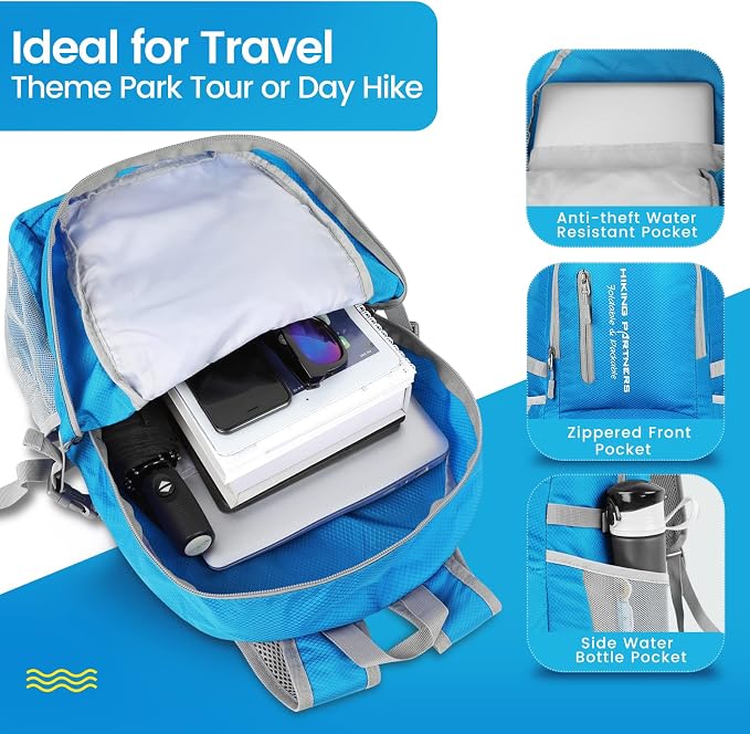 ZOMAKE Lightweight Packable Backpack, 35L Foldable Daypack (Light Blue) | Light Hiking Backpacks Water Resistant Collapsible Day Pack for Travel, Everyday Carry, Multi-Pocket Layout, Heavy Duty Nylon