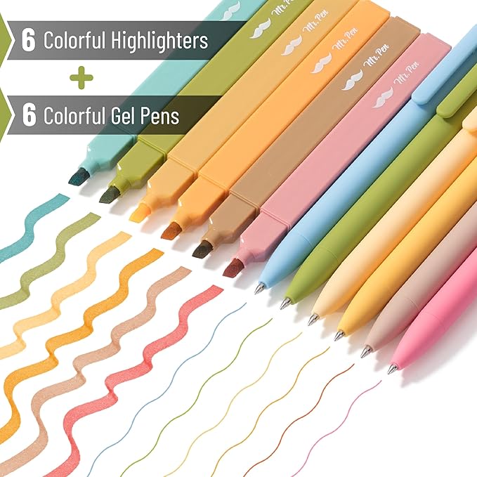 Mr. Pen- Aesthetic Highlighters and Gel Pens, 12 Pack, Boho Colors Bible Highlighters No Bleed, Fine Point 0.7mm Gel Pens, Fast Dry and No Smear for Bible Journaling, Planner, School Supplies