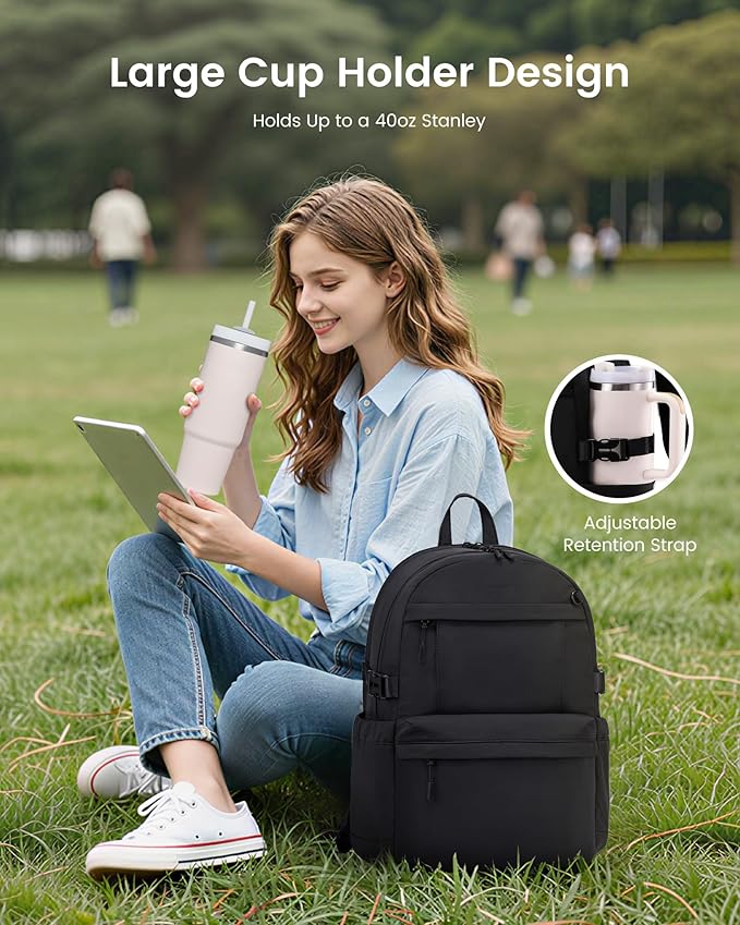 LOVEVOOK Laptop Backpack for Women with Giant Tumbler Holder,15.6 Inch Laptop Computer Bag Travel Backpack Purse,Waterproof Work Business Backpack College Bookbag Teacher Bags,Black