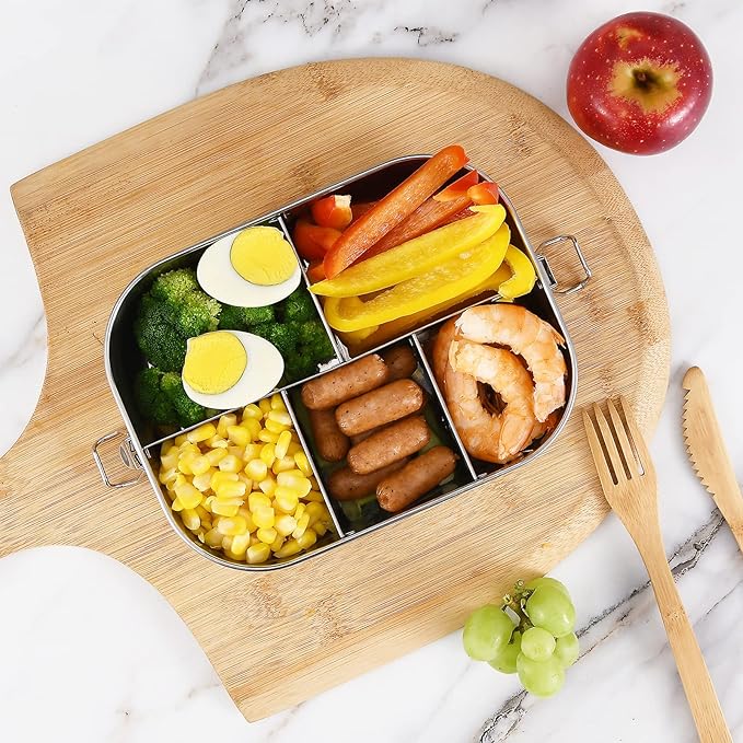 UPTRUST Stainless Steel Bento Lunch Food Box Container, 5-Compartment Large 1400ML Metal Bento Lunch Box Container for Kids or Adults with Lockable Clips to Leak Proof
